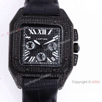 Knockoff Cartier Santos Chronograph Watch Black Diamonds